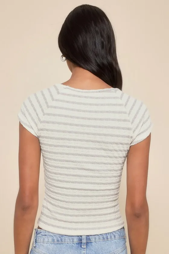 Perfect Ease Cream Striped Crinkle Short Sleeve Tee sold by Lulus product image thumbnail 3