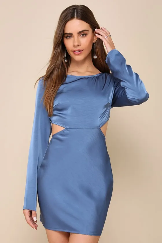 Rooftop Soiree Dark Blue Satin Long Sleeve Backless Mini Dress sold by Lulus