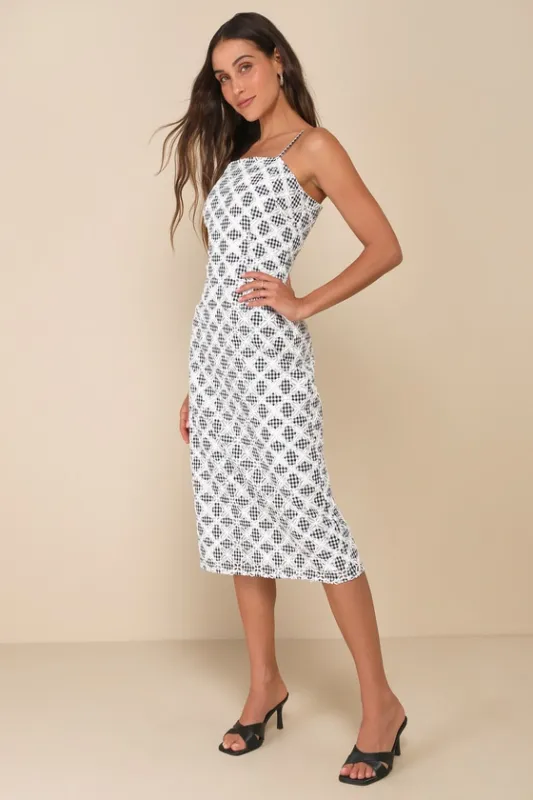 Flirty Date Black and White Gingham Eyelet Sleeveless Midi Dress sold by Lulus