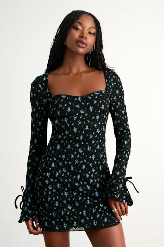 Ornella Black Floral Textured Long Sleeve Mini Dress sold by Lulus