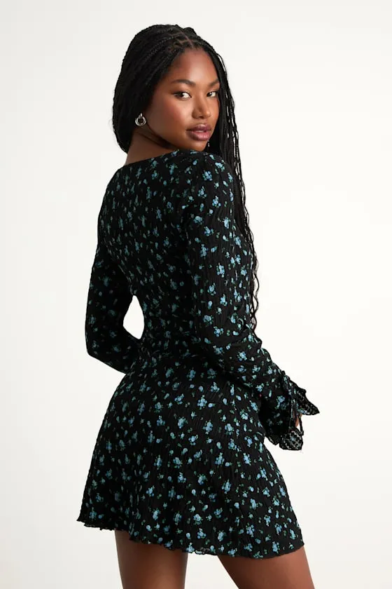 Ornella Black Floral Textured Long Sleeve Mini Dress sold by Lulus product image thumbnail 3