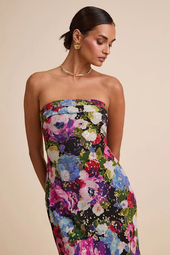 Sutherlynn Purple Multi Floral Strapless Midi Dress sold by Lulus