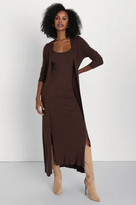 Layer Lover Brown Ribbed Knit Two-Piece Dress & Cardigan Set sold by Lulus