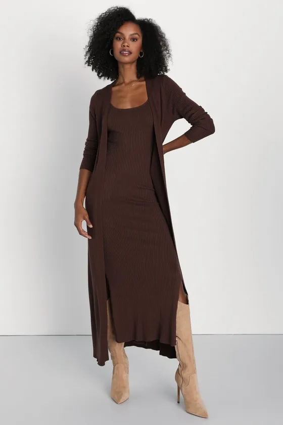 Layer Lover Brown Ribbed Knit Two-Piece Dress & Cardigan Set sold by Lulus