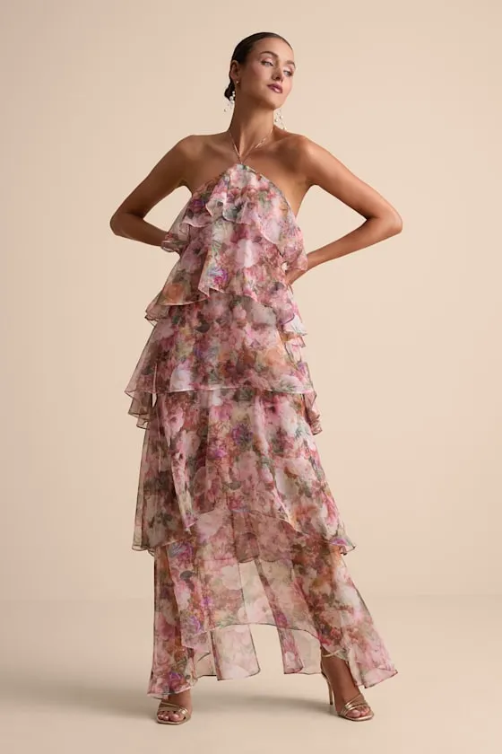 Melody Pink Multi Floral Tiered Halter Maxi Dress sold by Lulus product image thumbnail 2