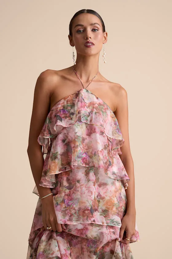 Melody Pink Multi Floral Tiered Halter Maxi Dress sold by Lulus product image thumbnail 3