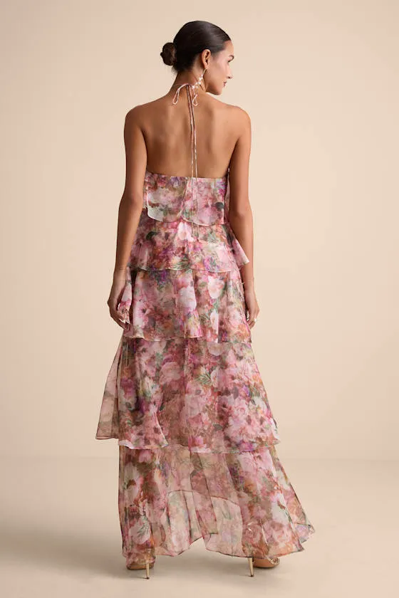 Melody Pink Multi Floral Tiered Halter Maxi Dress sold by Lulus product image thumbnail 4