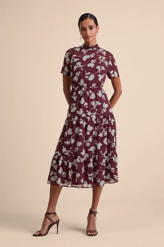 Floral Dressed Up Burgundy Floral Print Midi Dress sold by Lulus