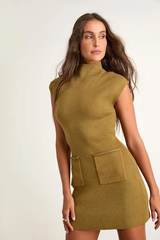 Joana Olive Green Ribbed Mock Neck Sweater Mini Dress sold by Lulus product image thumbnail 2
