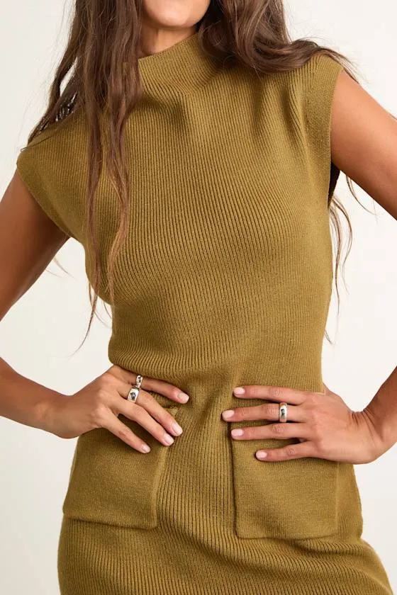 Joana Olive Green Ribbed Mock Neck Sweater Mini Dress sold by Lulus product image thumbnail 3