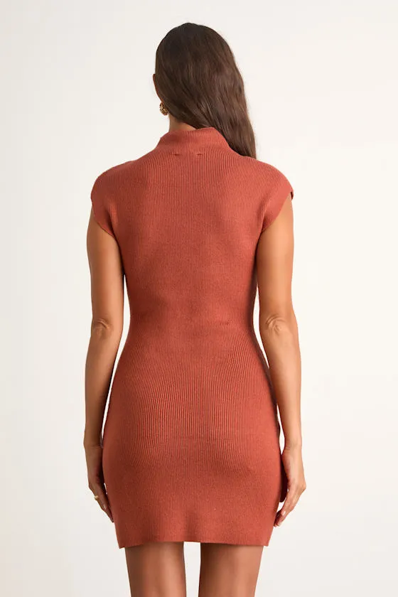 Joana Rust Orange Ribbed Mock Neck Sweater Mini Dress sold by Lulus product image thumbnail 3