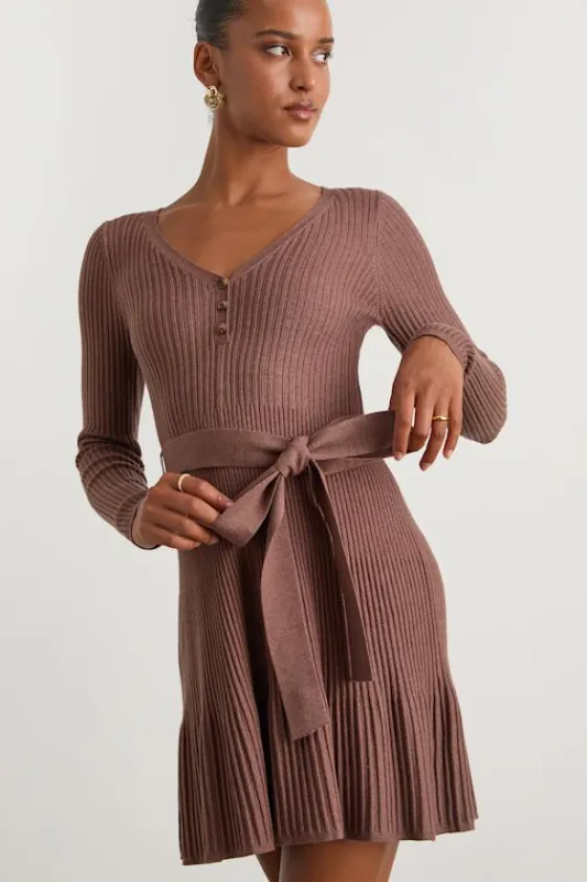 Cozy Poise Heather Brown Henley Long Sleeve Mini Sweater Dress sold by Lulus