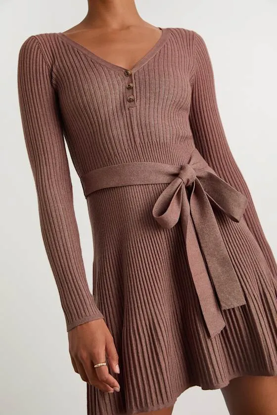 Cozy Poise Heather Brown Henley Long Sleeve Mini Sweater Dress sold by Lulus product image thumbnail 2