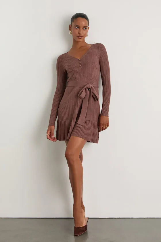 Cozy Poise Heather Brown Henley Long Sleeve Mini Sweater Dress sold by Lulus product image thumbnail 4