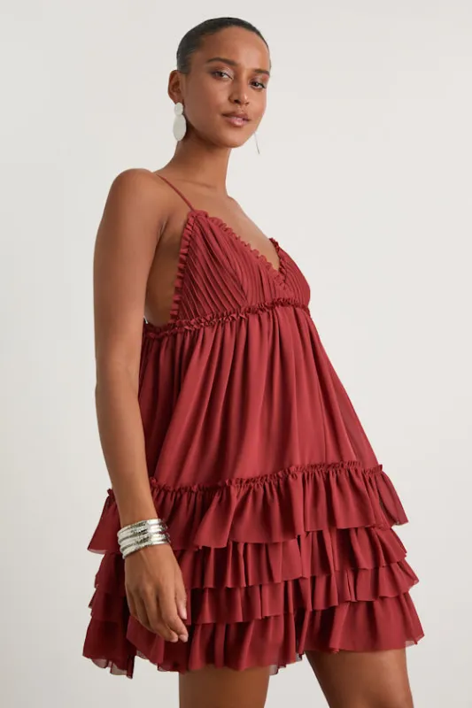 Asuka Rust Ruffled Tiered Mini Dress sold by Lulus