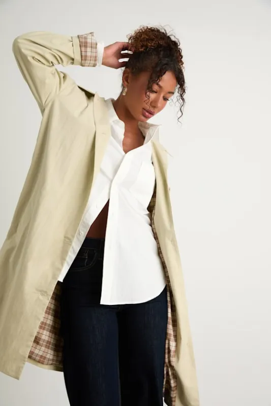 Cazzie Beige Twill Button-Front Collared Trench Coat sold by Lulus