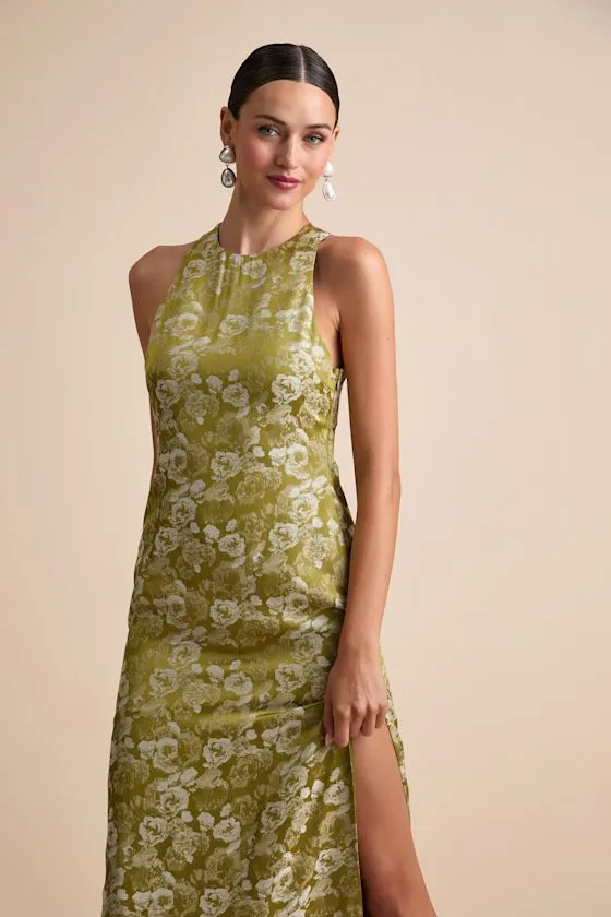 Lamila Chartreuse Floral Satin Column Maxi Dress sold by Lulus