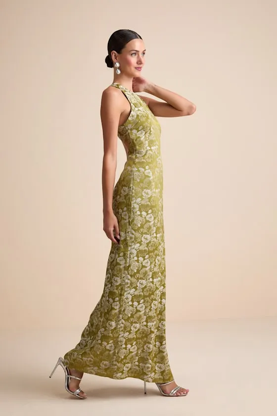 Lamila Chartreuse Floral Satin Column Maxi Dress sold by Lulus product image thumbnail 2