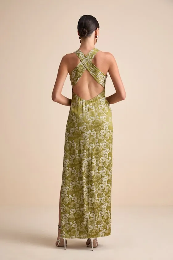 Lamila Chartreuse Floral Satin Column Maxi Dress sold by Lulus product image thumbnail 3
