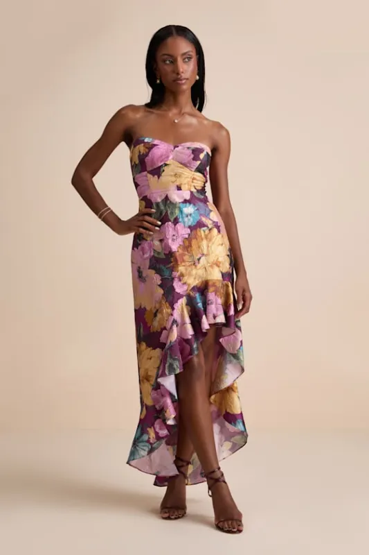 Blushing Darling Plum Multi Floral Strapless High-Low Maxi Dress sold by Lulus