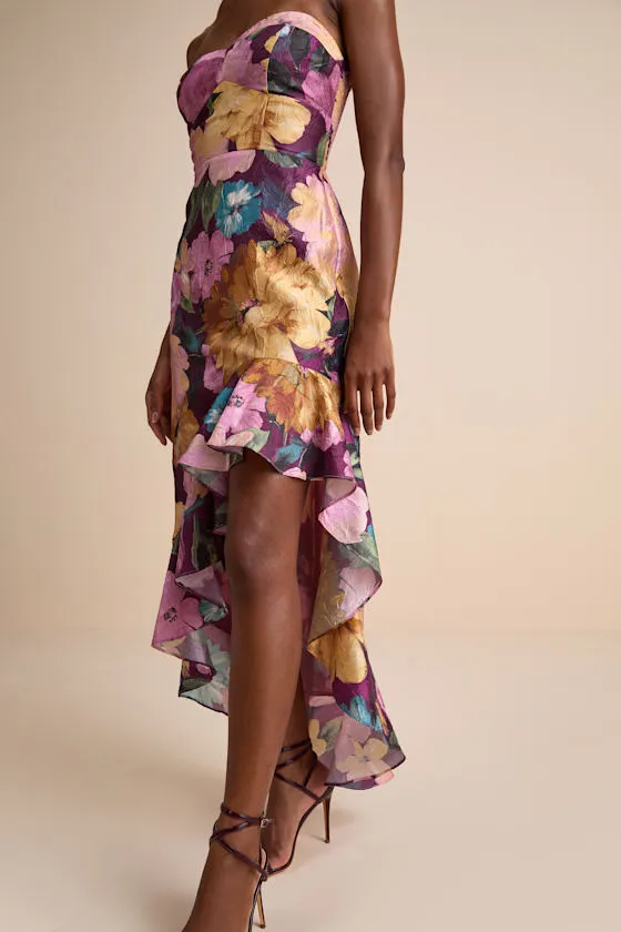 Blushing Darling Plum Multi Floral Strapless High-Low Maxi Dress sold by Lulus product image thumbnail 2