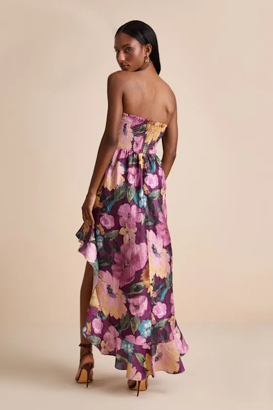 Blushing Darling Plum Multi Floral Strapless High-Low Maxi Dress sold by Lulus product image thumbnail 3