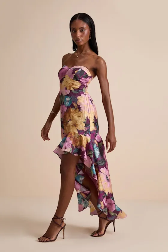 Blushing Darling Plum Multi Floral Strapless High-Low Maxi Dress sold by Lulus product image thumbnail 4