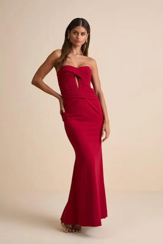 Elegant Finesse Red Pleated Cutout Maxi Dress sold by Lulus