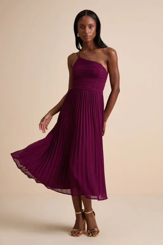 Wondrous Muse Plum Pleated One-Shoulder Midi Dress sold by Lulus