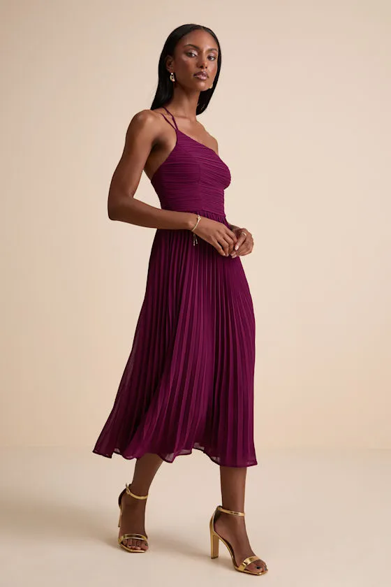 Wondrous Muse Plum Pleated One-Shoulder Midi Dress sold by Lulus product image thumbnail 4