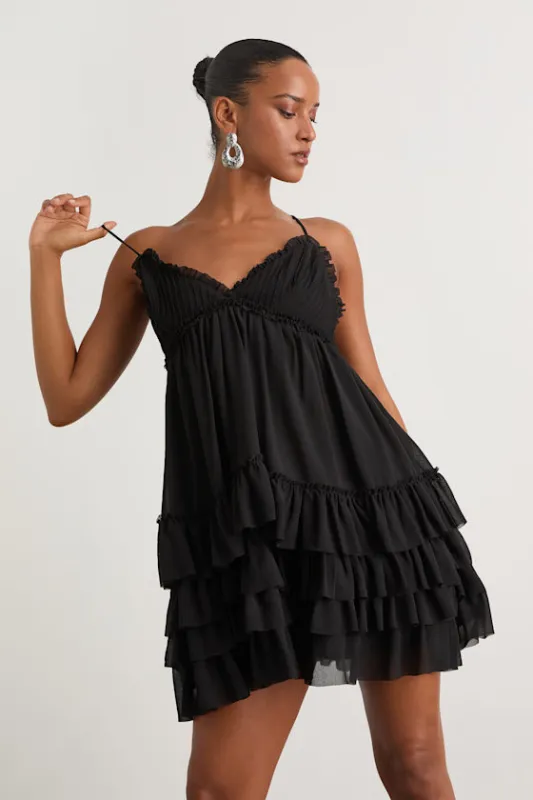 Asuka Black Ruffled Tiered Mini Dress sold by Lulus