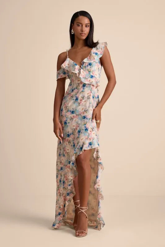 Venecia Blush Floral Ruffled Asymmetrical Maxi Dress sold by Lulus
