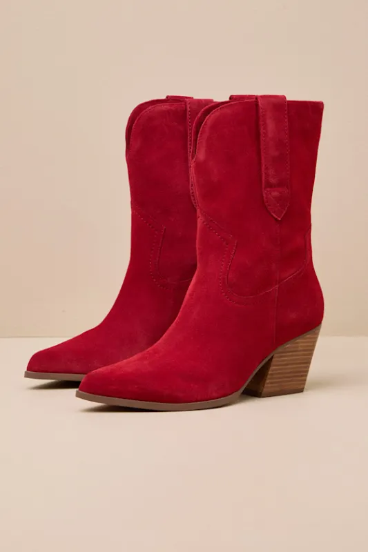 Line Dance Red Suede Leather Mid-Calf Western Boots sold by Lulus