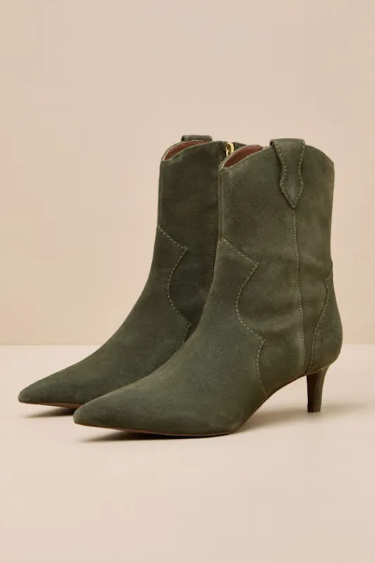 Dallas Olive Suede Leather Western Kitten Heel Booties sold by Lulus