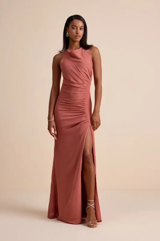 Mikaila Rusty Rose Cowl Neck Ruched Column Maxi Dress sold by Lulus