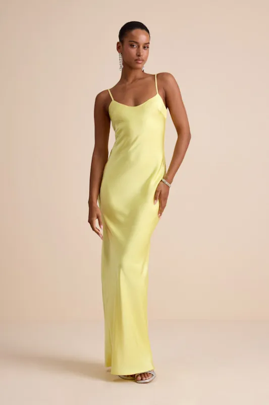 Janet Light Yellow Satin Slip Maxi Dress sold by Lulus