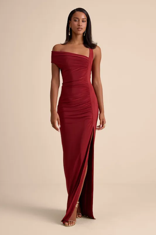 Josie Rust Red Jersey Knit Ruched Maxi Dress sold by Lulus
