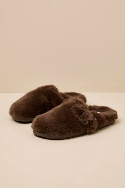 Portland Taupe Faux Fur Mule Slippers sold by Lulus