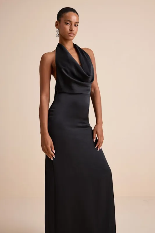 Carmelo Black Satin Halter Neck Backless Maxi Dress sold by Lulus