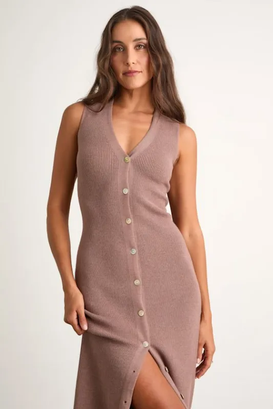 Emelyne Light Brown Ribbed Button-Front Sweater Midi Dress sold by Lulus