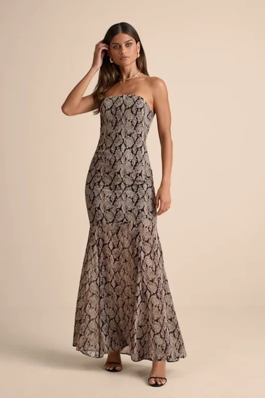 Cherette Brown Snake Print Strapless Maxi Dress sold by Lulus