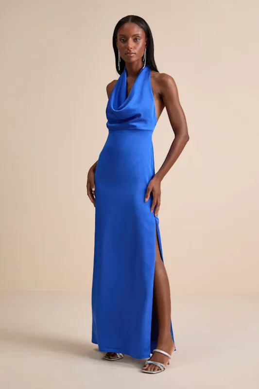 Carmelo Blue Satin Halter Neck Backless Maxi Dress sold by Lulus