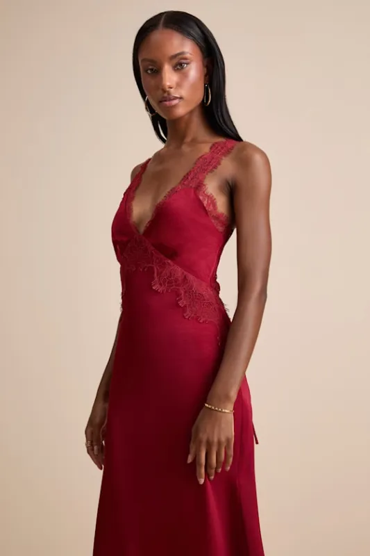Alayah Red Satin Lace Tie-Back Midi Dress sold by Lulus