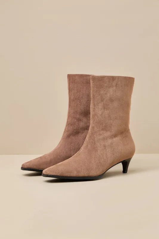 Carla Mocha Mousse Suede Kitten Heel Mid-Calf Booties sold by Lulus