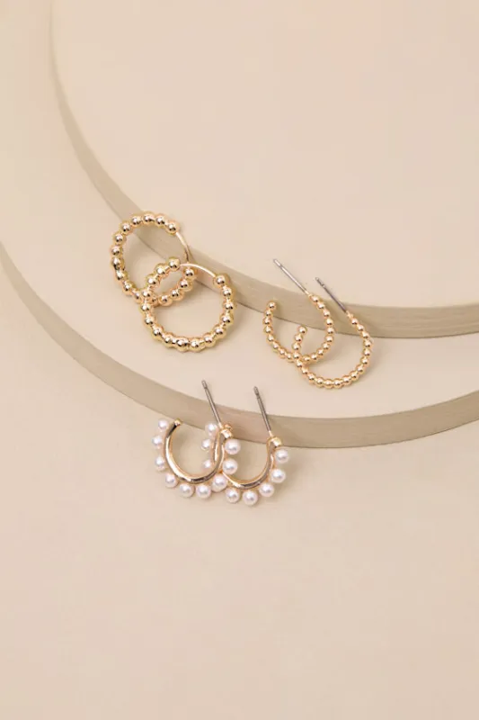 Marline Gold Pearl Three-Piece Huggie Hoop Set sold by Lulus