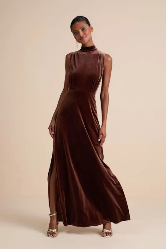 Classic Elegance Brown Velvet Sleeveless Mock Neck Maxi Dress sold by Lulus