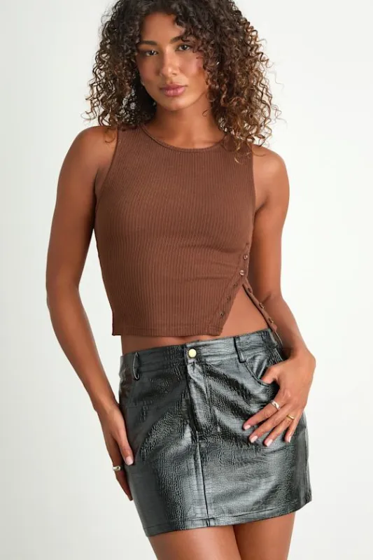 Excellent Mood Black Croc-Embossed Vegan Leather Mini Skirt sold by Lulus