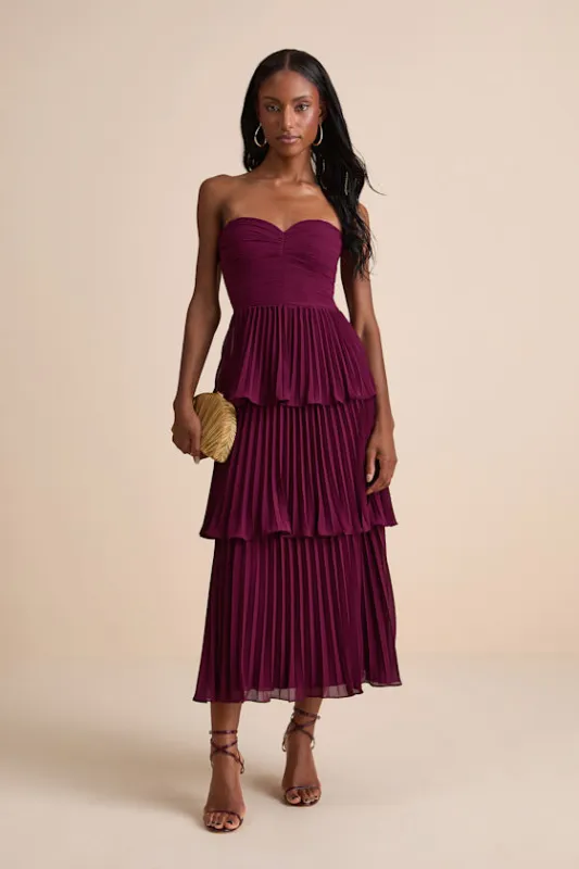 Seriously Sensational Plum Strapless Tiered Midi Dress sold by Lulus