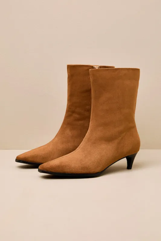 Carla Cognac Suede Kitten Heel Mid-Calf Booties sold by Lulus