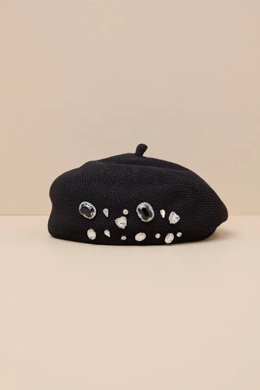 Huntley Black Textured Rhinestone Beret sold by Lulus